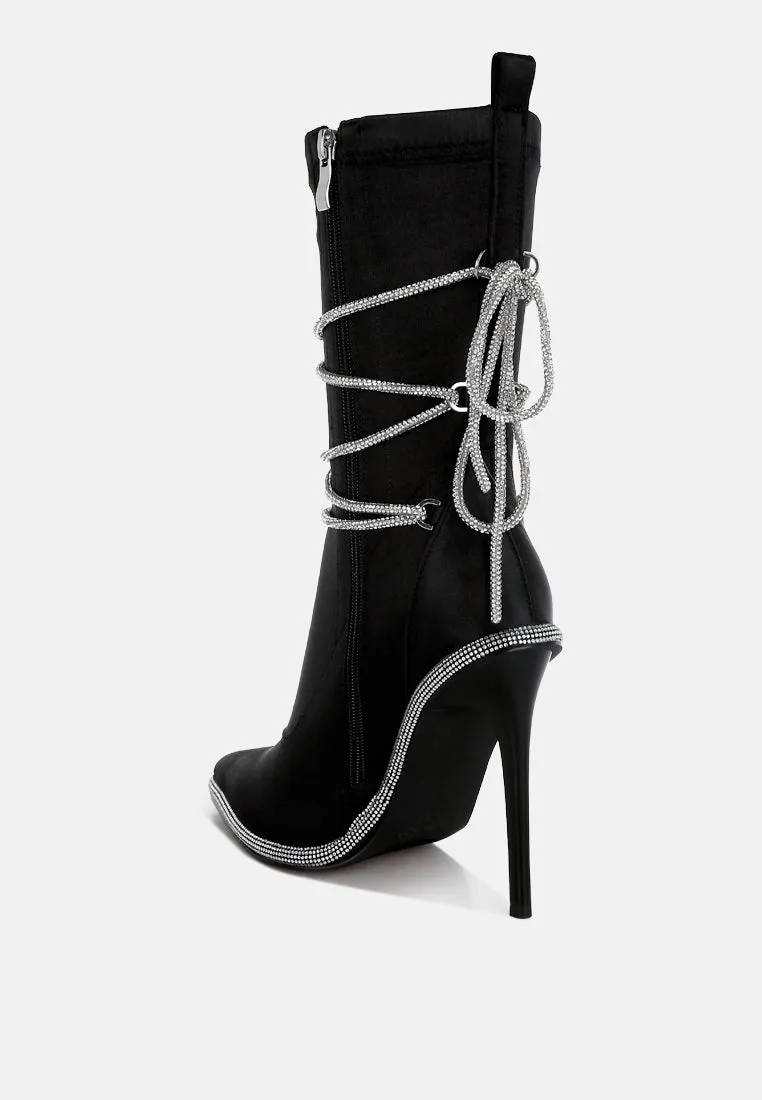 Rhinestones Strap Satin Calf Boots By RUW