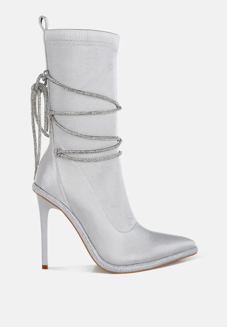 Rhinestones Strap Satin Calf Boots By RUW