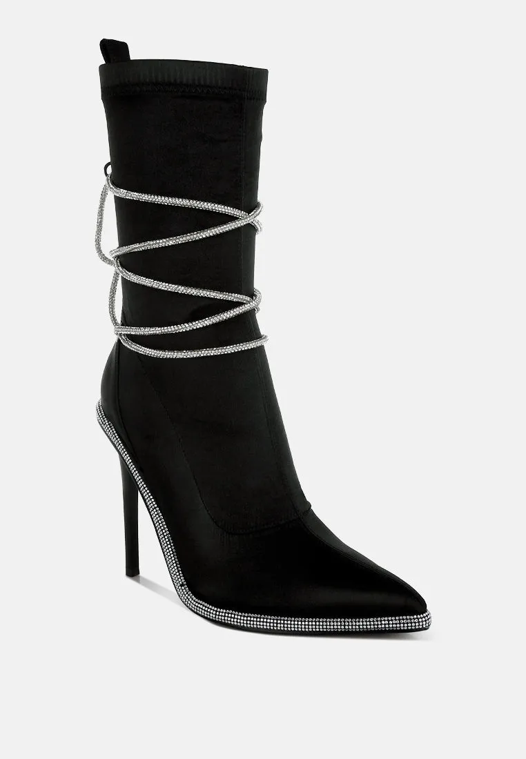 Rhinestones Strap Satin Calf Boots By RUW