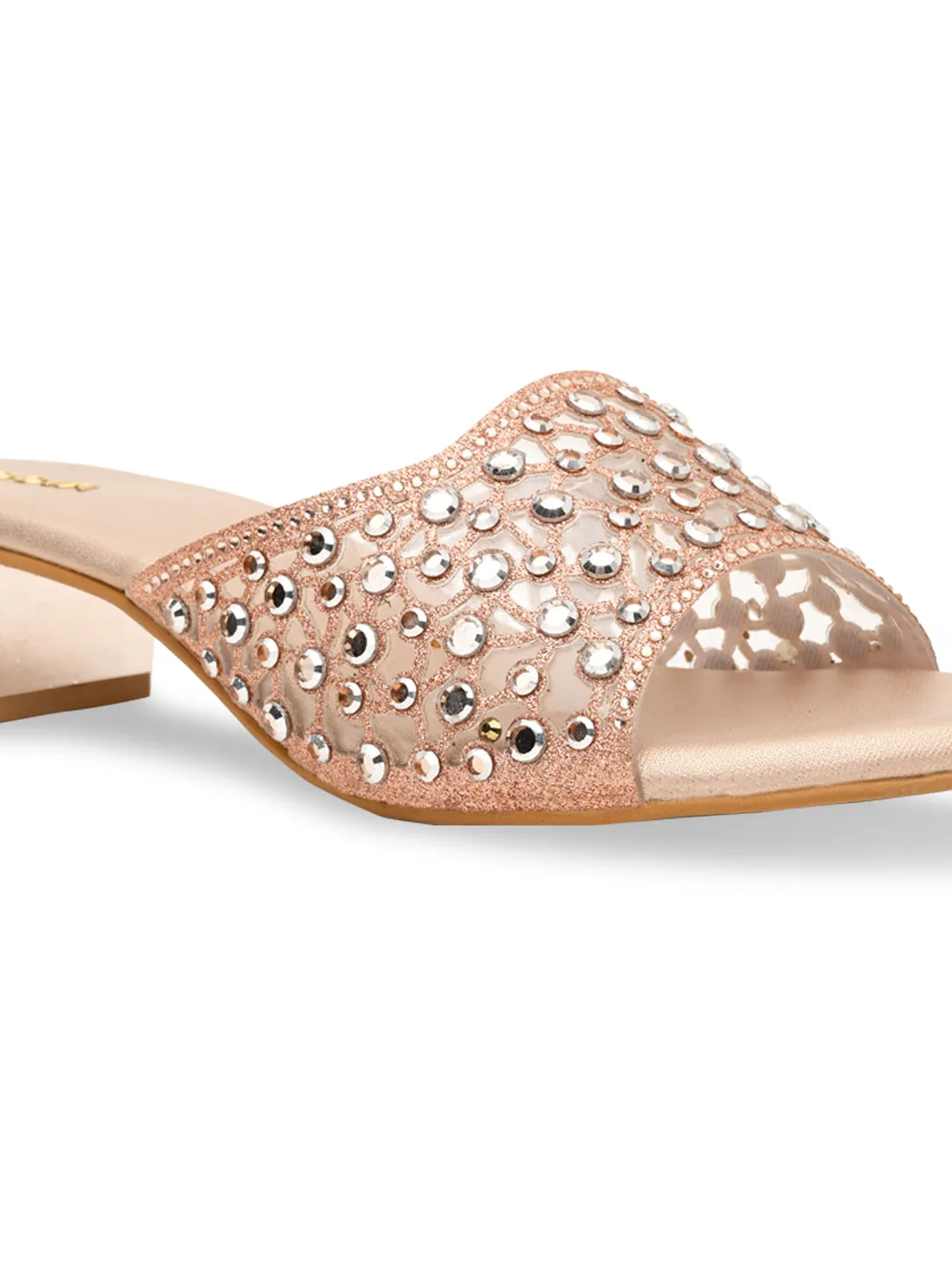 Rocia By Regal Rose Gold Women Fancy Mesh Studded Block Heels