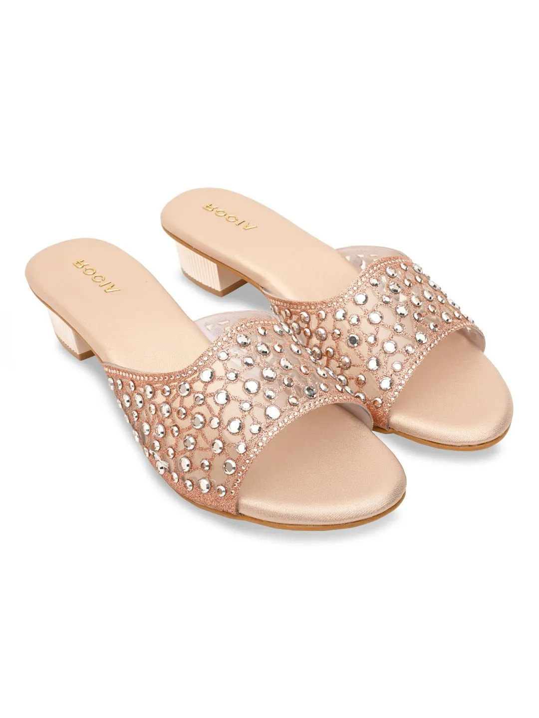 Rocia By Regal Rose Gold Women Fancy Mesh Studded Block Heels