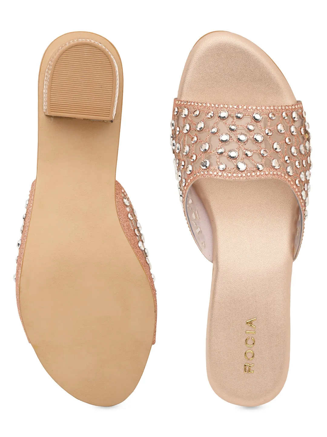 Rocia By Regal Rose Gold Women Fancy Mesh Studded Block Heels