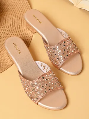 Rocia By Regal Rose Gold Women Fancy Mesh Studded Block Heels