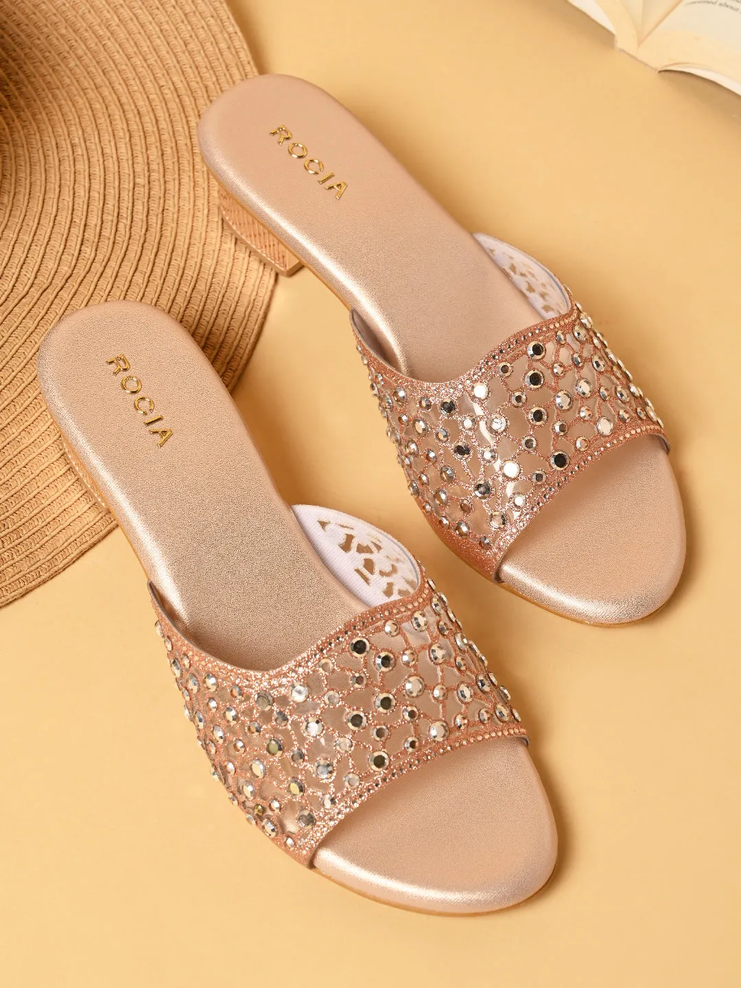 Rocia By Regal Rose Gold Women Fancy Mesh Studded Block Heels