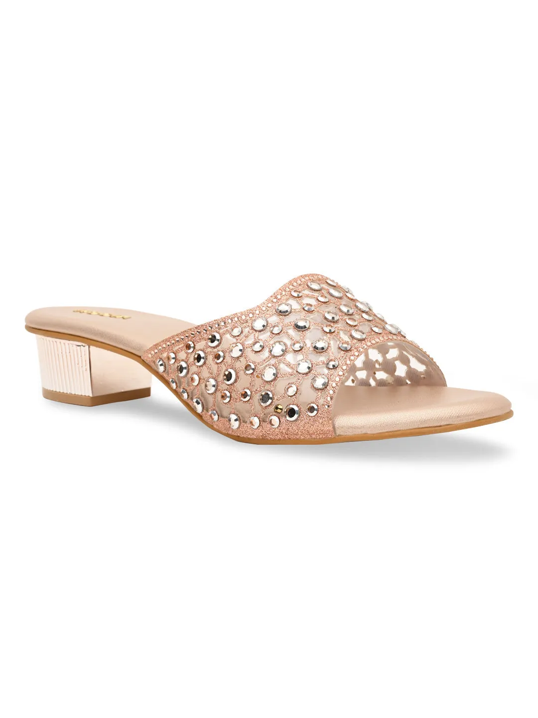 Rocia By Regal Rose Gold Women Fancy Mesh Studded Block Heels