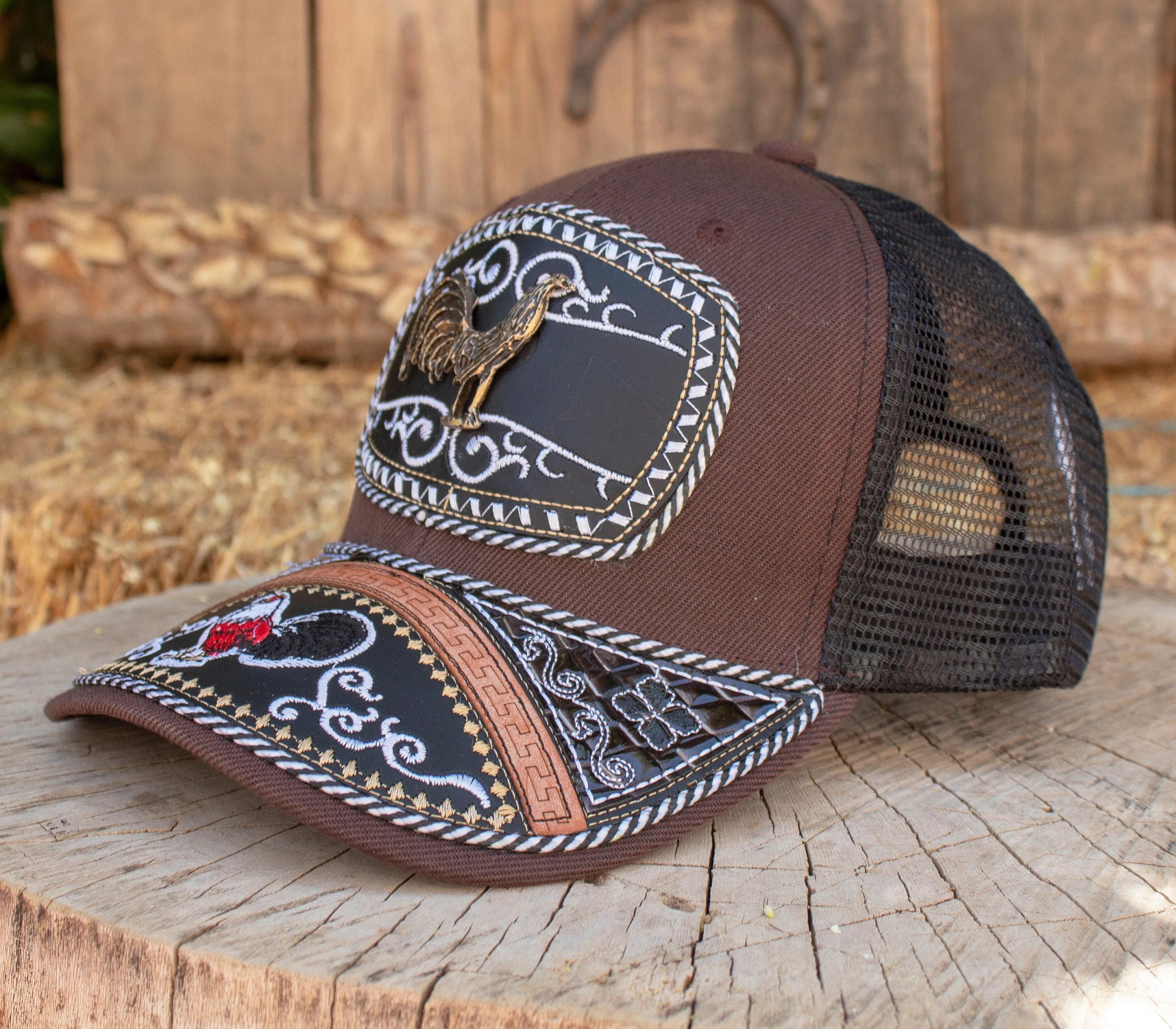 ROOSTER Gallo metal plaque western EMBROIDERED HAT adjustable trucker mesh cap