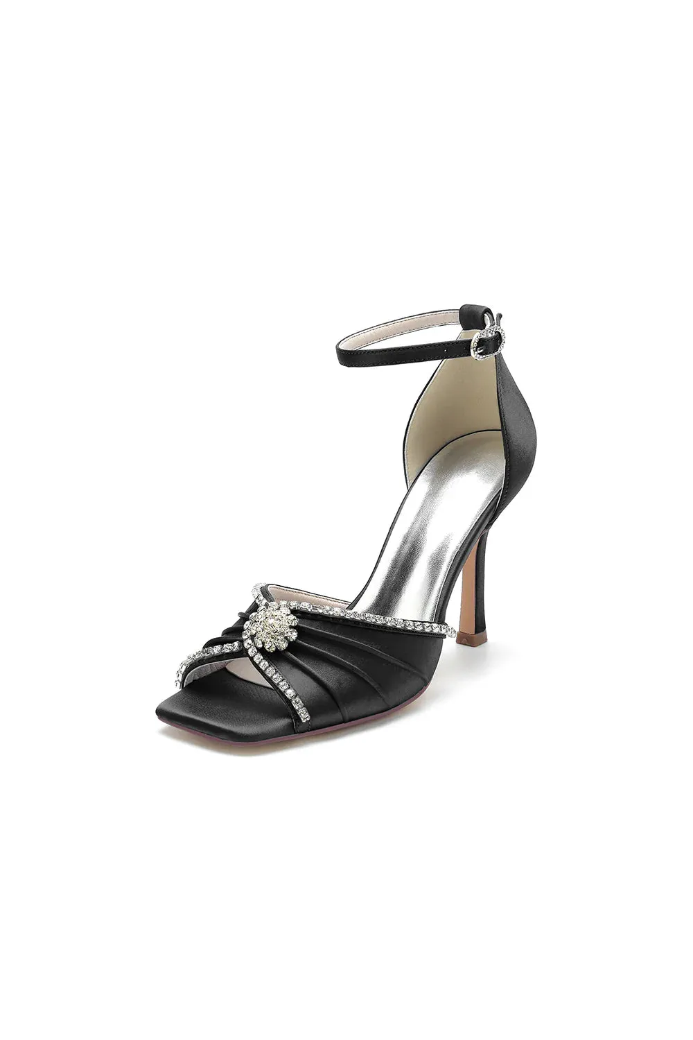 Satin Square OpenToe Stiletto Heels With Rhinestone