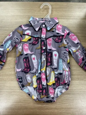 Shea Baby Onesie Grey Boots with Pearl Snaps