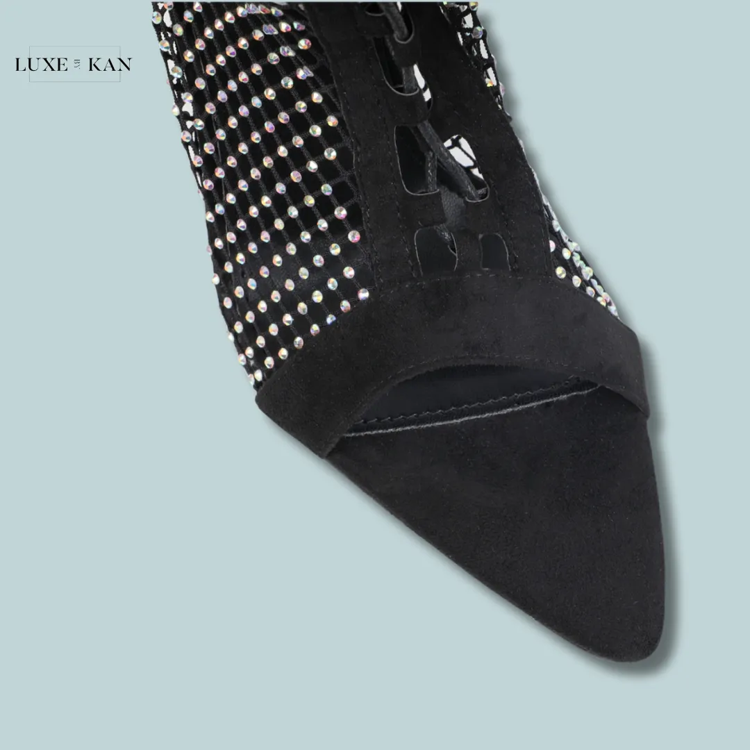 SIMMI SHOES PRIMA BLACK DIAMANTE FISHNET LACE UP PEEP TOE BOOTS