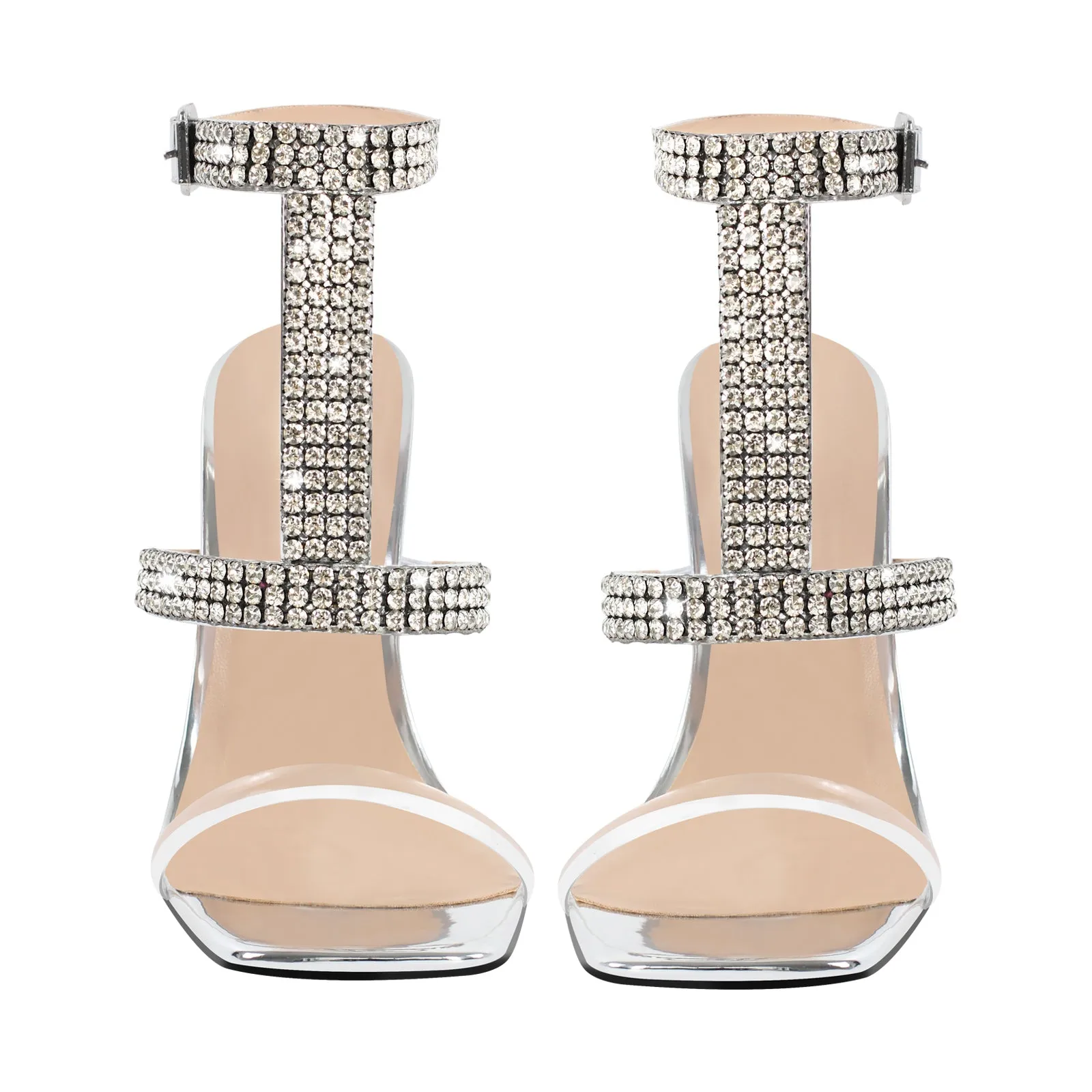 Square Toe Rhinestone T-Strap Stiletto Sandals