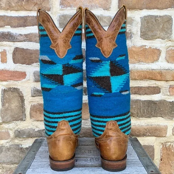 STETSON Serape Aztec Blanket Blue Brown Tall Knee High Western Cowgirl Boots