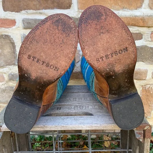 STETSON Serape Aztec Blanket Blue Brown Tall Knee High Western Cowgirl Boots