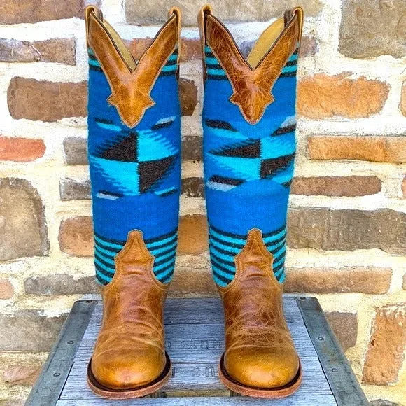 STETSON Serape Aztec Blanket Blue Brown Tall Knee High Western Cowgirl Boots
