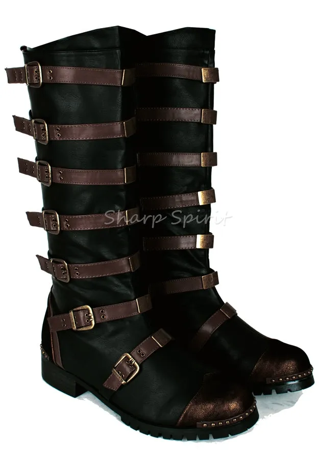 Strapped Steampunk Bronze Military Combat Halloween Costume Mens Boots
