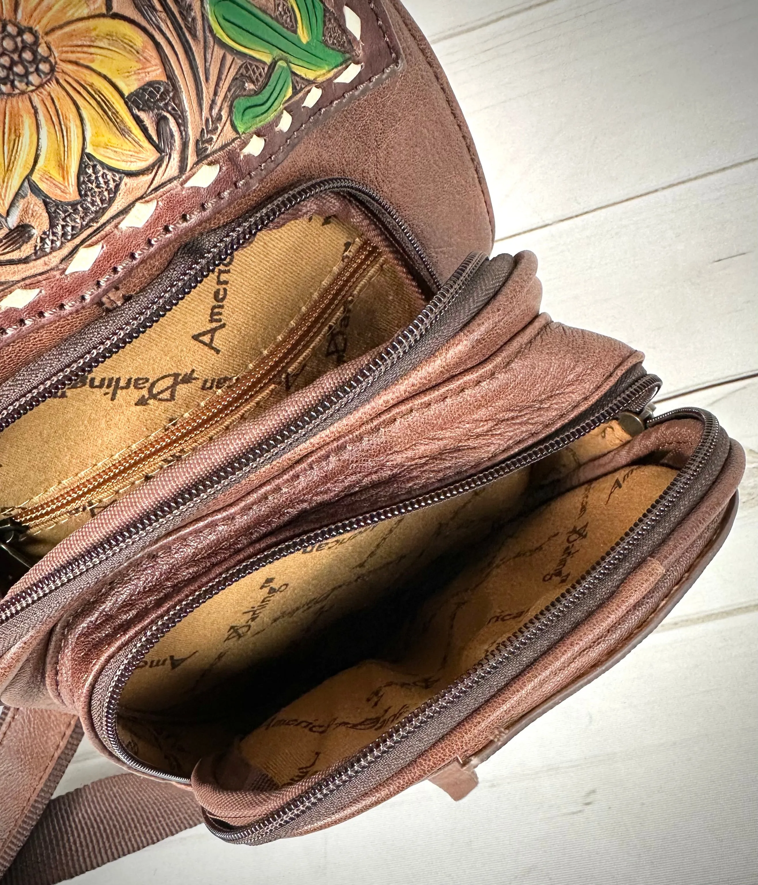 Sunflower Southwest Leather Tooled Sling Bag