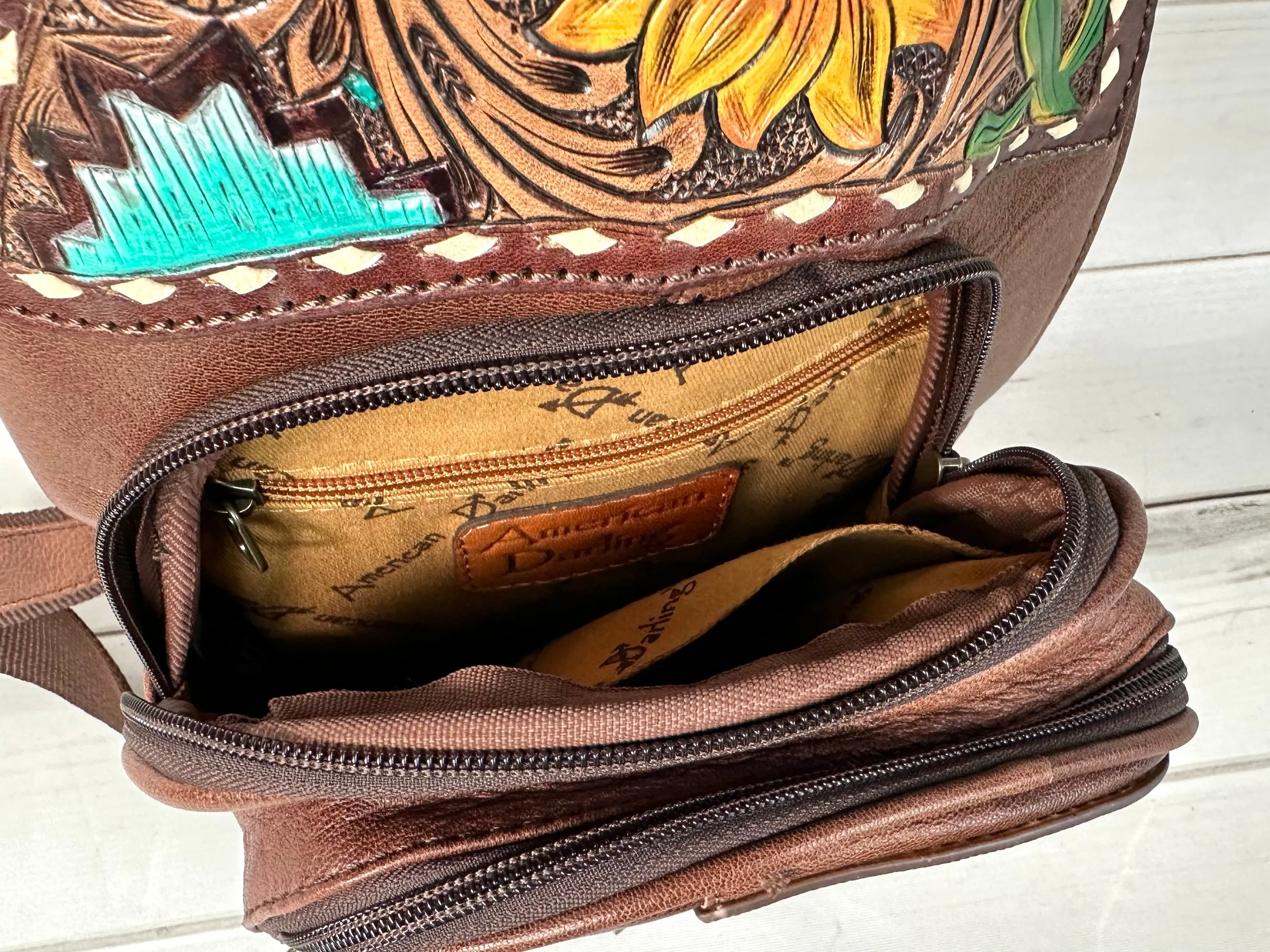 Sunflower Southwest Leather Tooled Sling Bag