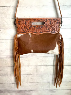 Tan & White Hide Tooled Handle Fringe / Crossbody Handbag