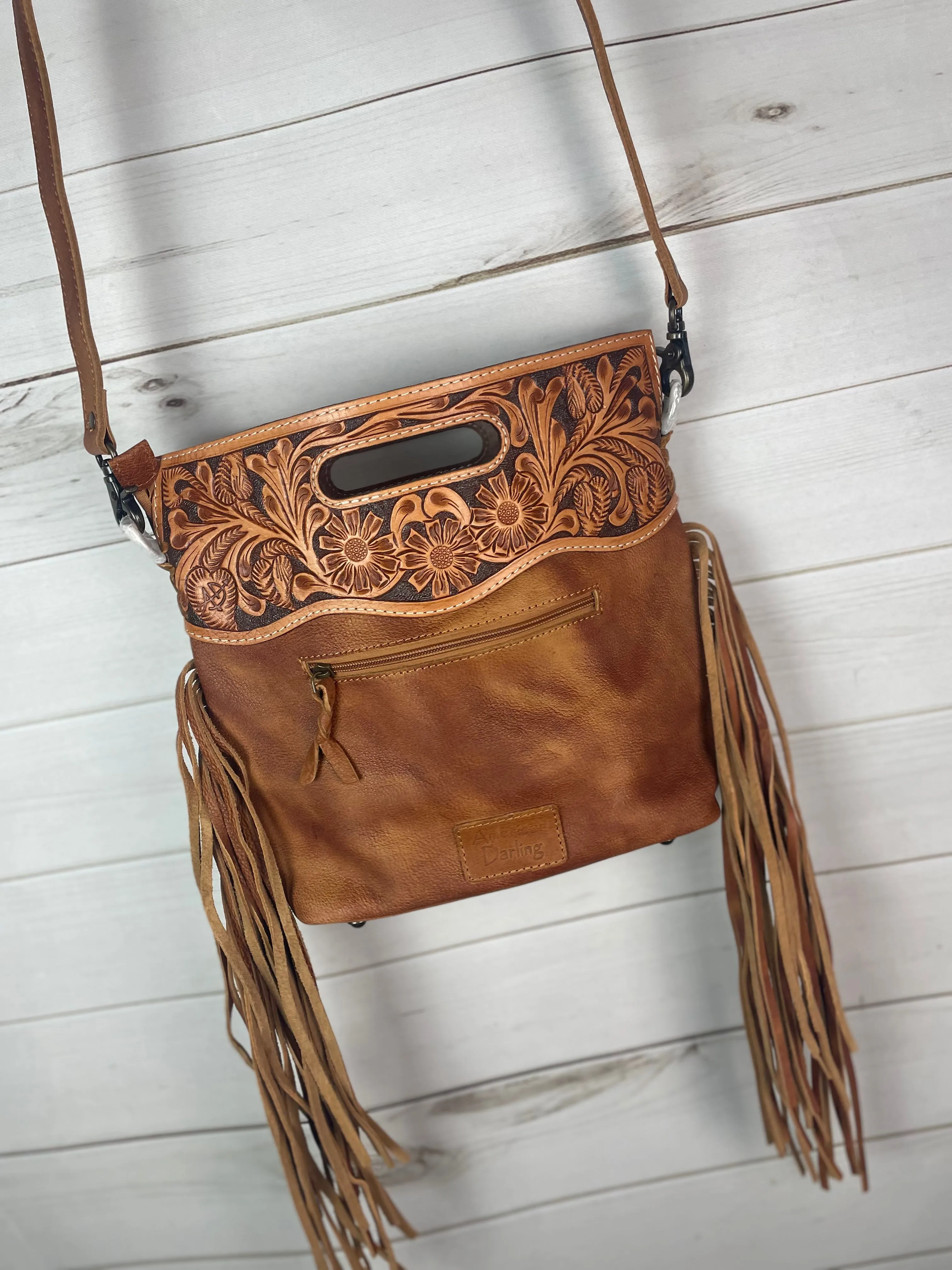 Tan & White Hide Tooled Handle Fringe / Crossbody Handbag