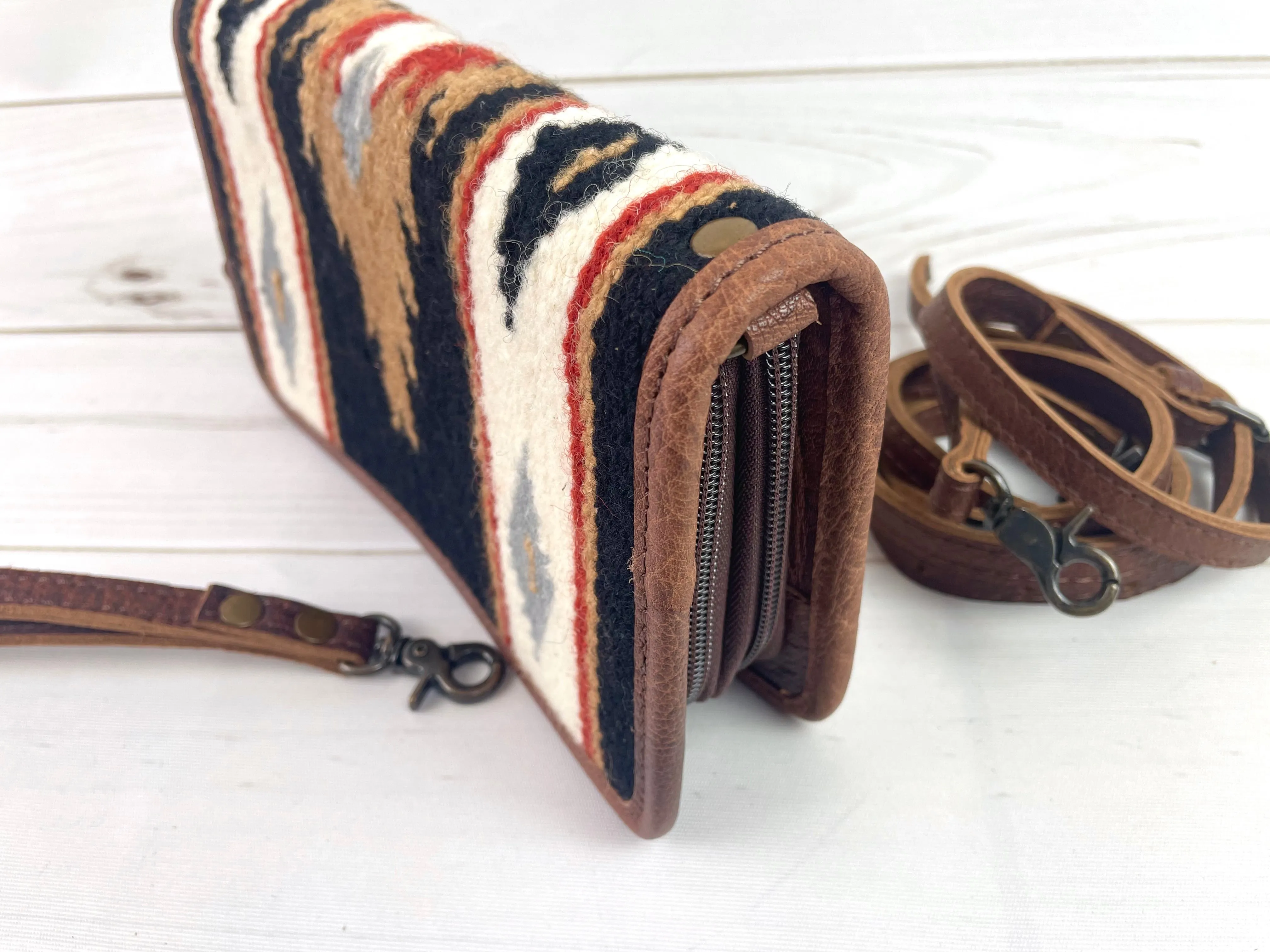 Tan and Black Diamond Wool & Leather Carryall Wallet