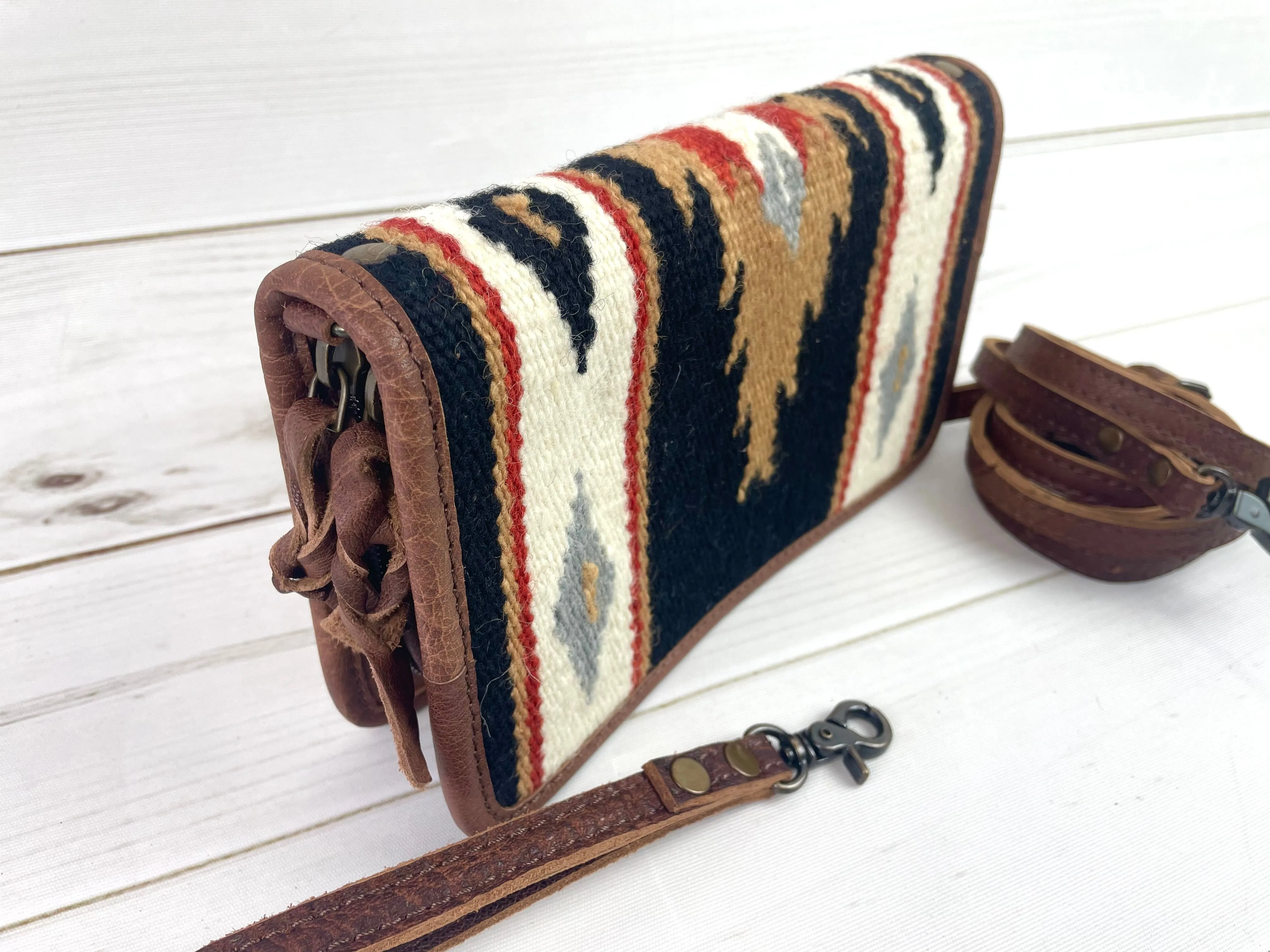 Tan and Black Diamond Wool & Leather Carryall Wallet