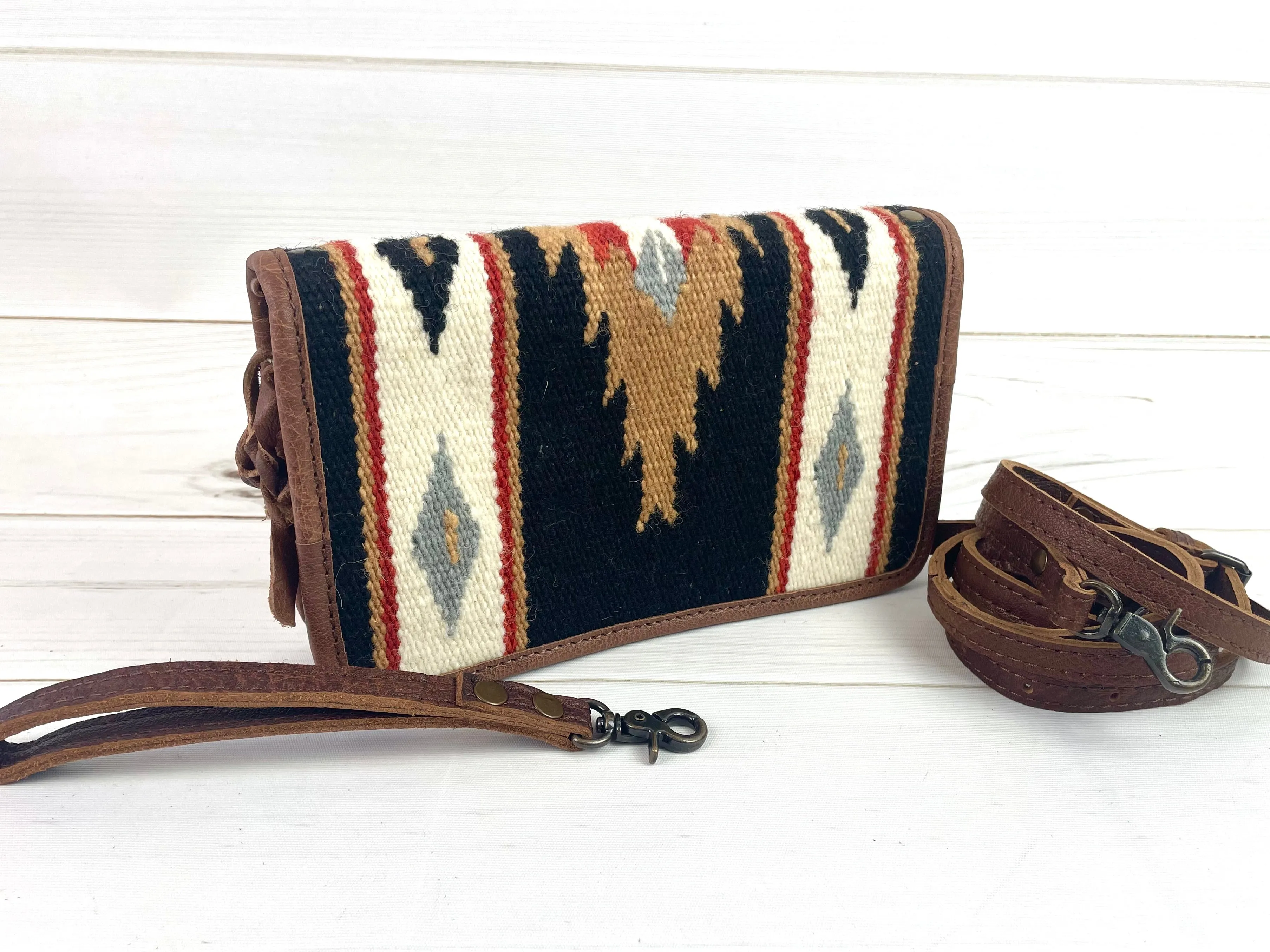 Tan and Black Diamond Wool & Leather Carryall Wallet