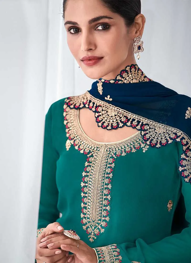 Teal and Blue Embroidered Palazzo Suit