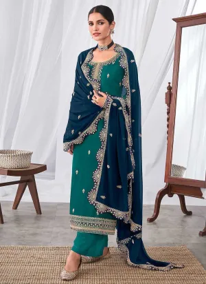 Teal and Blue Embroidered Palazzo Suit