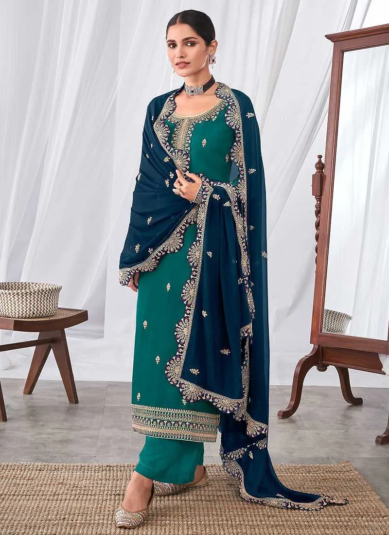Teal and Blue Embroidered Palazzo Suit
