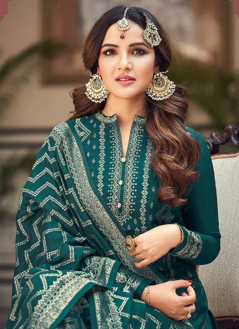 Teal and Gold Embroidered Pant Style Suit