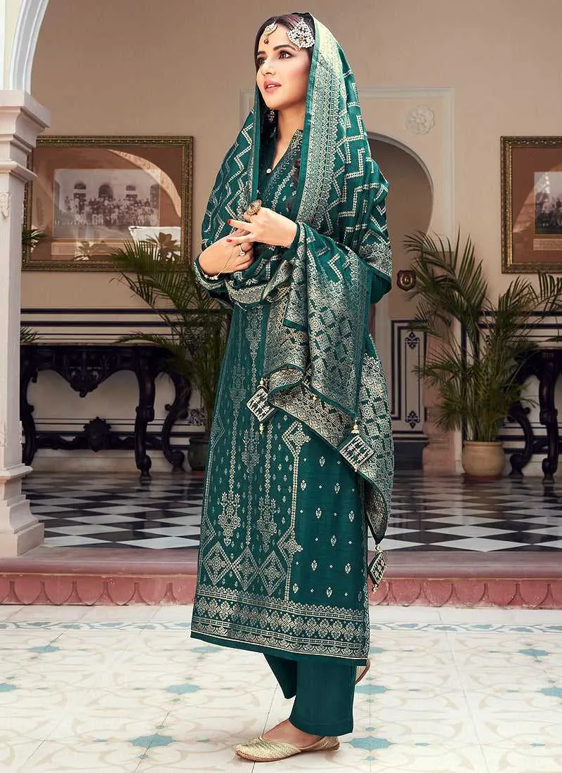 Teal and Gold Embroidered Pant Style Suit