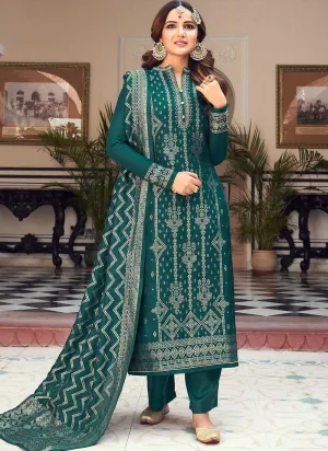 Teal and Gold Embroidered Pant Style Suit