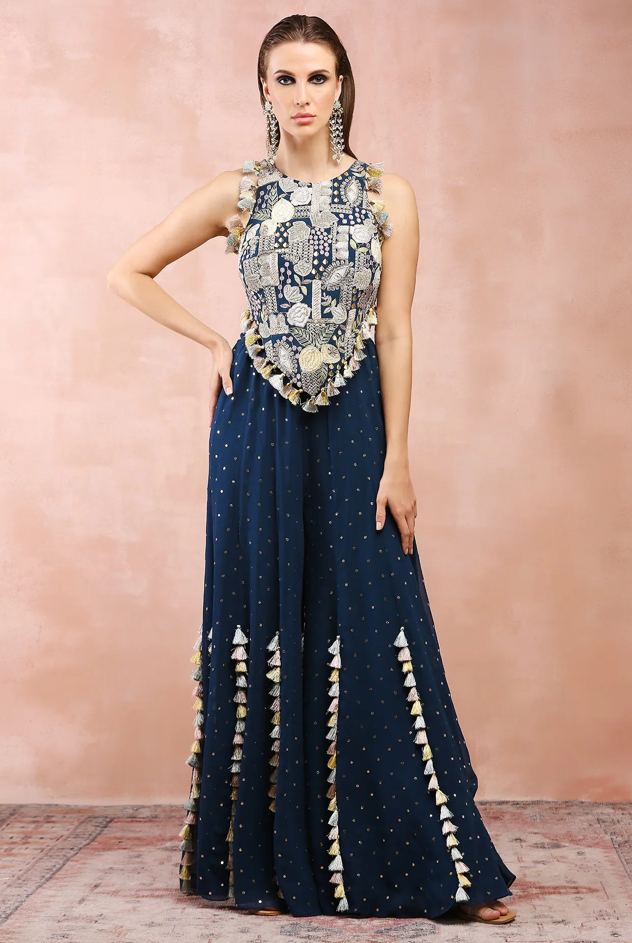 TEAL APPLIQUE BLUE EMBROIDERED CHOLI WITH SHARARA