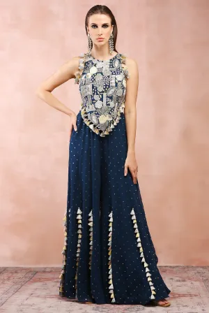 TEAL APPLIQUE BLUE EMBROIDERED CHOLI WITH SHARARA