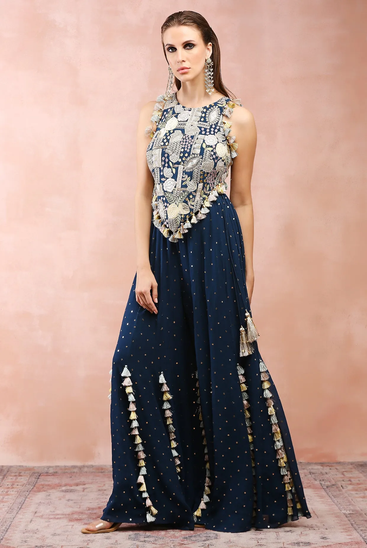 TEAL APPLIQUE BLUE EMBROIDERED CHOLI WITH SHARARA
