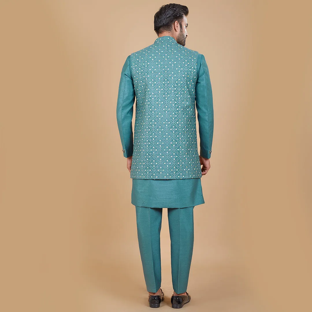 Teal Elegance Indo-Western Ensemble with Embroidered Long Jacket