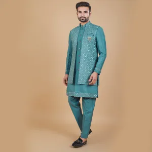 Teal Elegance Indo-Western Ensemble with Embroidered Long Jacket