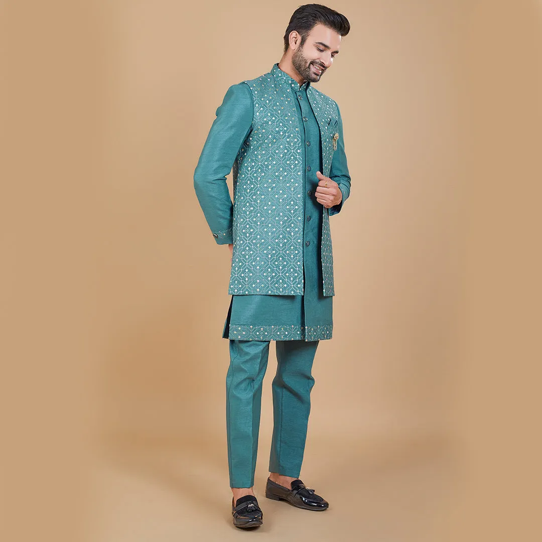 Teal Elegance Indo-Western Ensemble with Embroidered Long Jacket