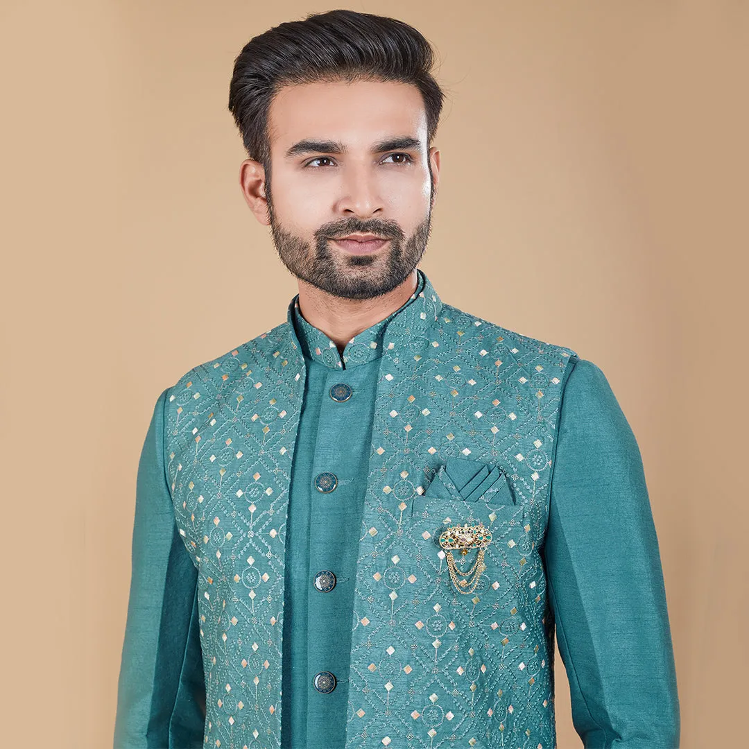 Teal Elegance Indo-Western Ensemble with Embroidered Long Jacket