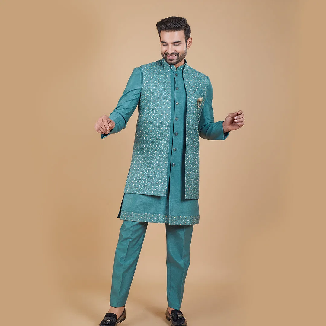 Teal Elegance Indo-Western Ensemble with Embroidered Long Jacket