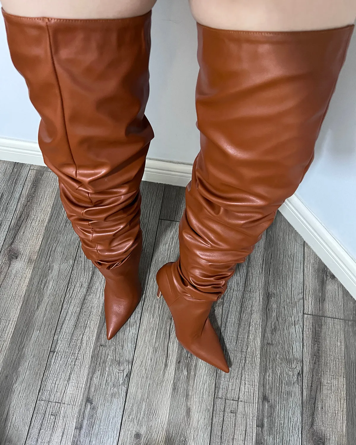 Thigh high matte leather wrinkle stiletto heel boots
