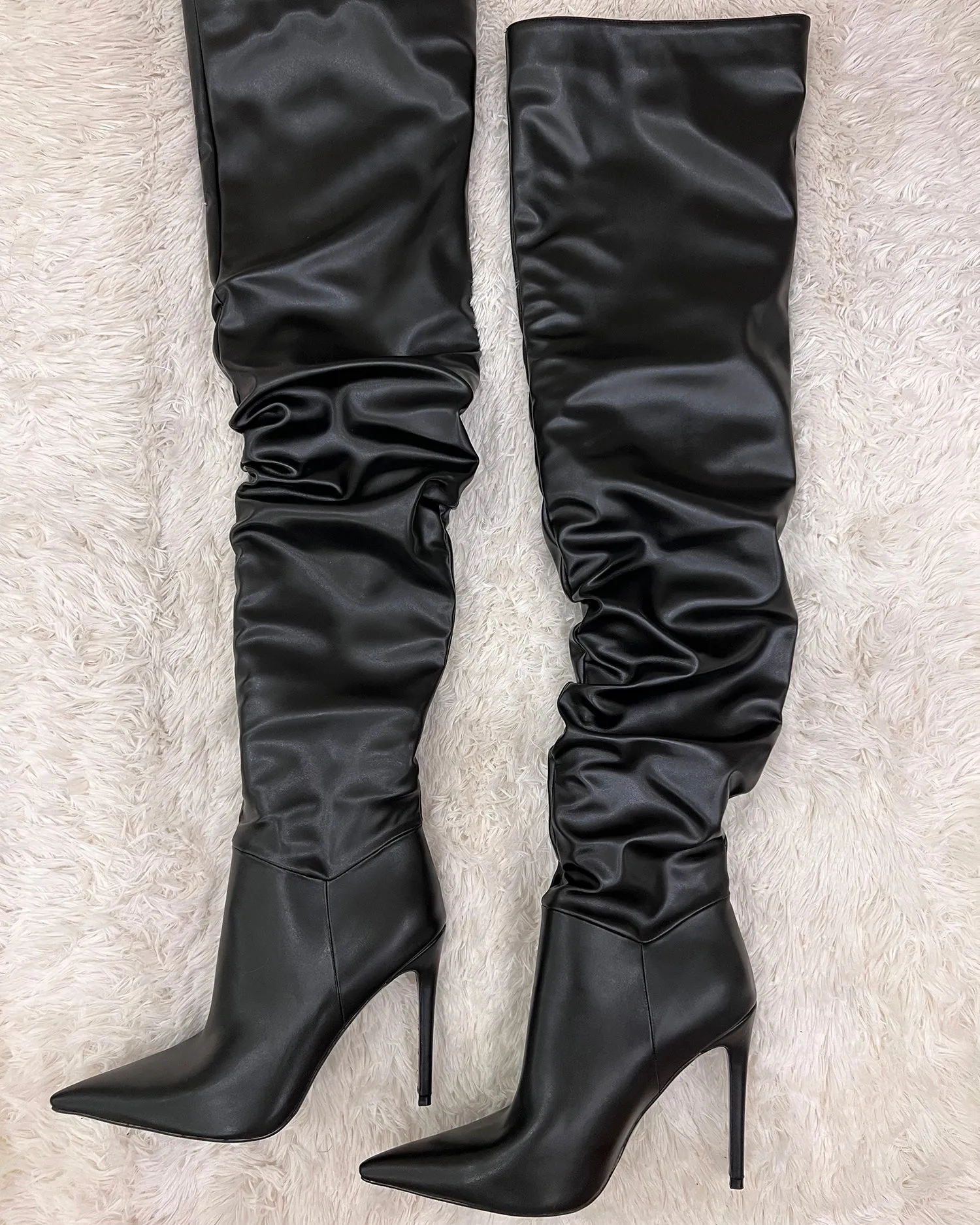 Thigh high matte leather wrinkle stiletto heel boots
