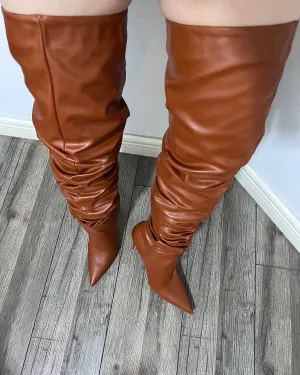 Thigh high matte leather wrinkle stiletto heel boots