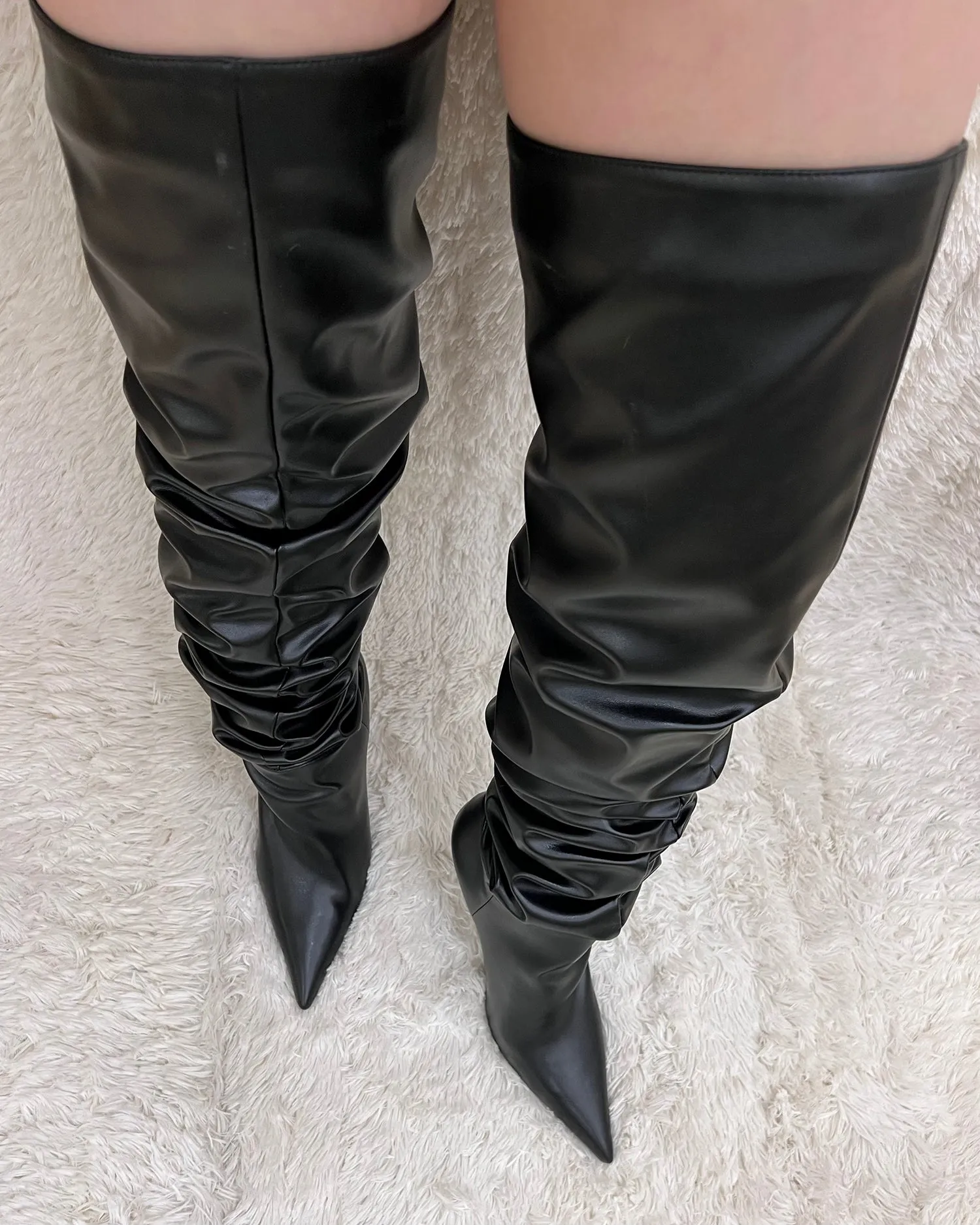Thigh high matte leather wrinkle stiletto heel boots