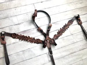 Tooled Roughout Dark To Light Distressed Leather Feather Tack Set