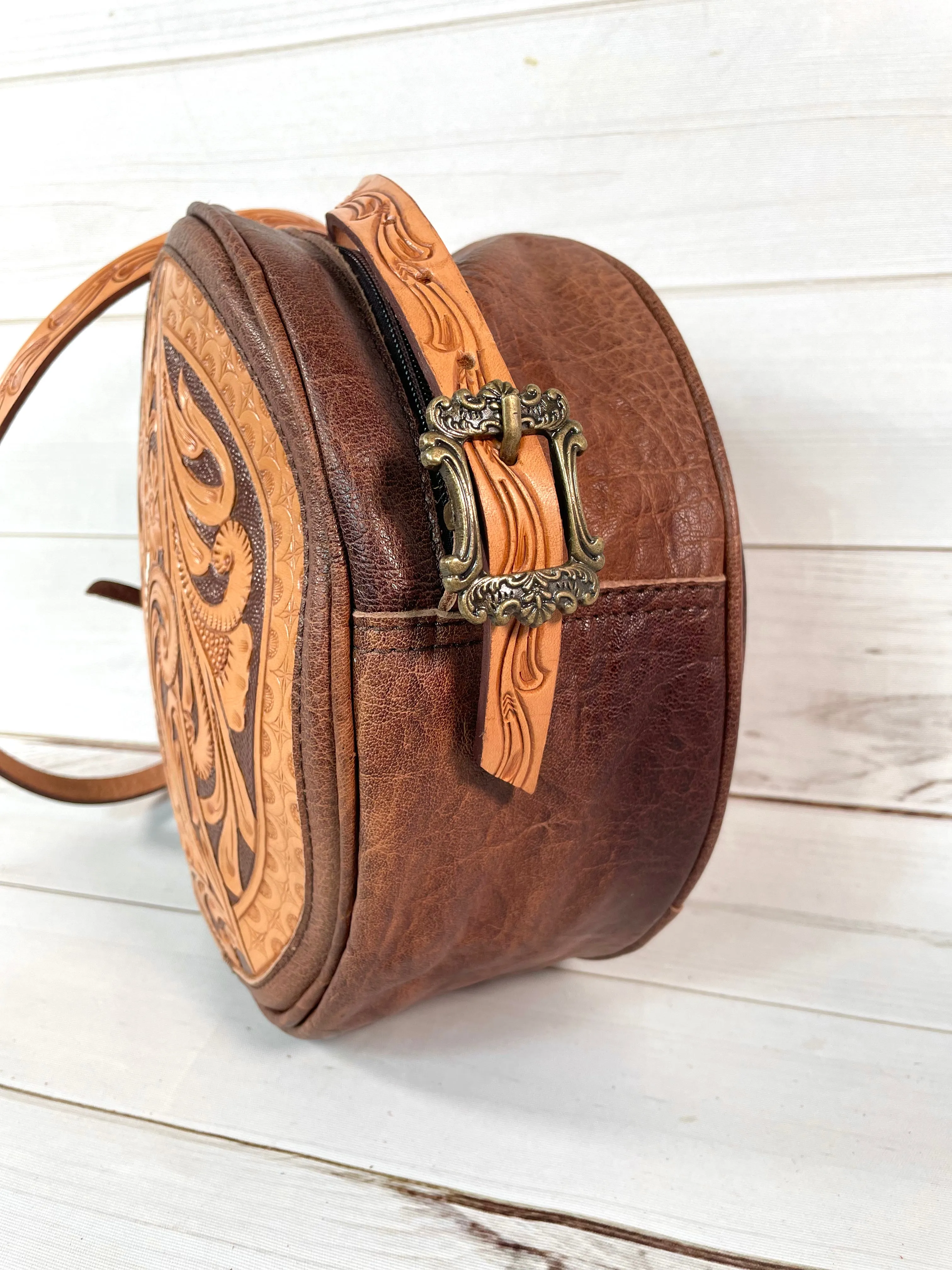 Two Tone Leather Floral Tooled Round Canteen Crossbody Bag