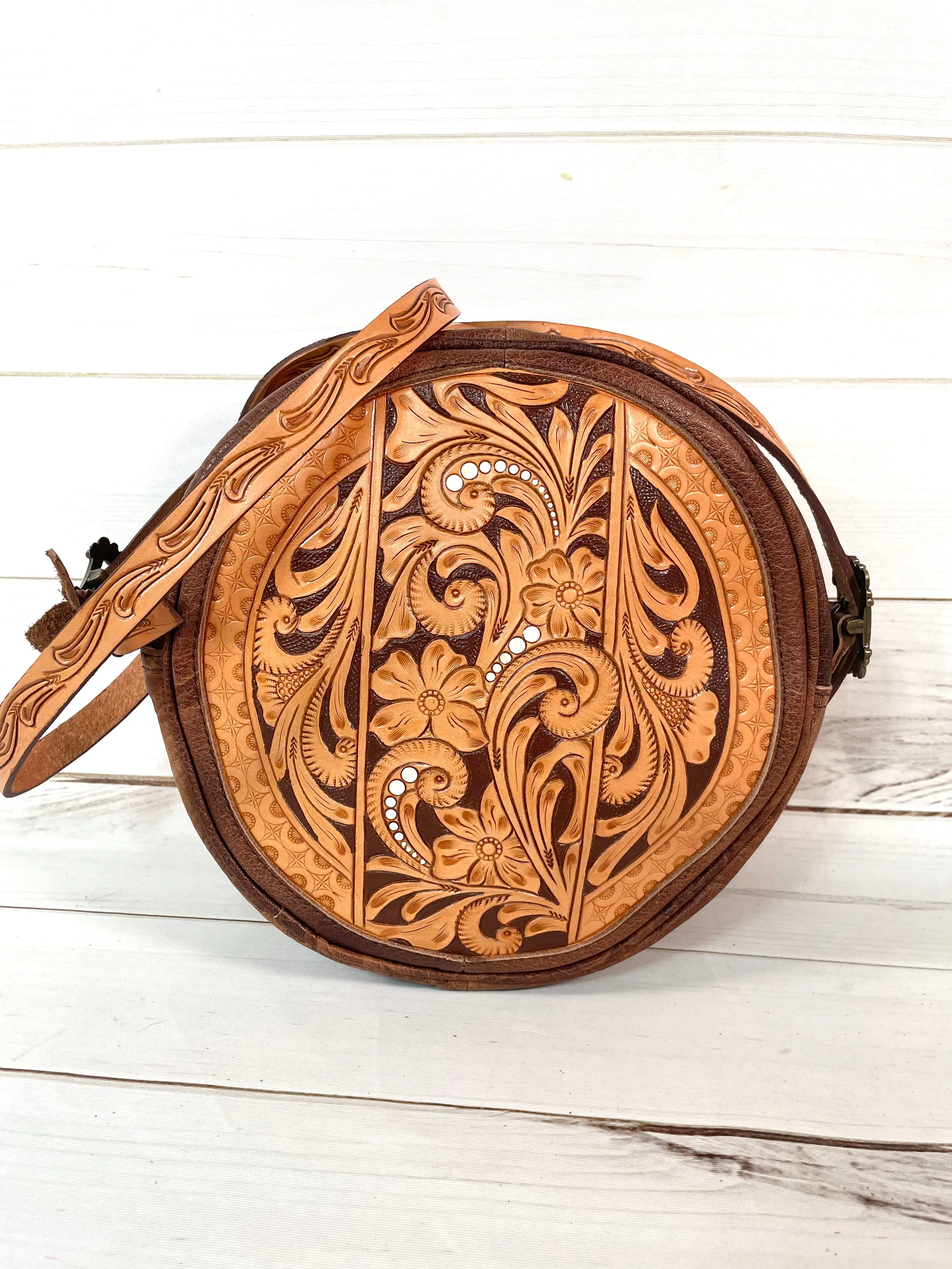 Two Tone Leather Floral Tooled Round Canteen Crossbody Bag