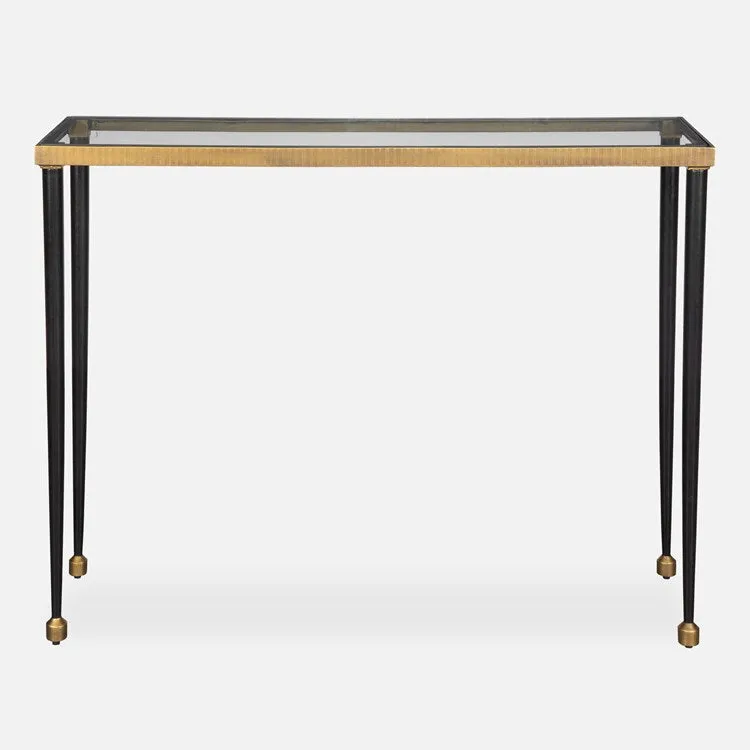 Uttermost Stiletto Glass Top With Antiqued Gold and Black Base Console Table