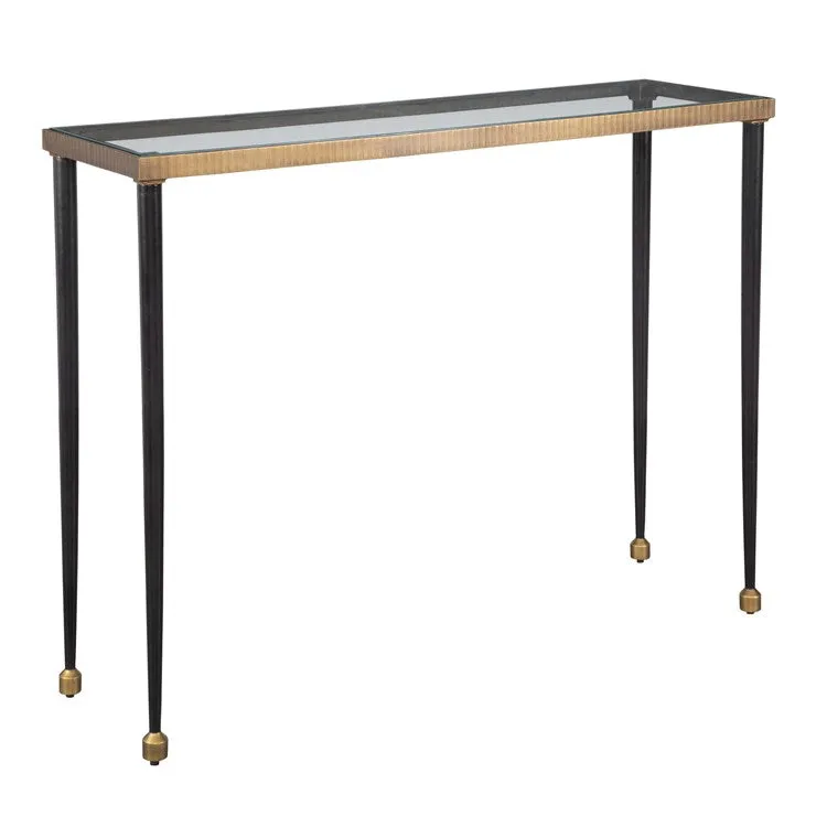 Uttermost Stiletto Glass Top With Antiqued Gold and Black Base Console Table