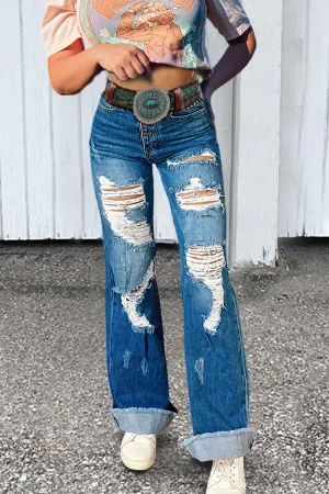 Vintage Wash Distressed Wide-Leg Jeans