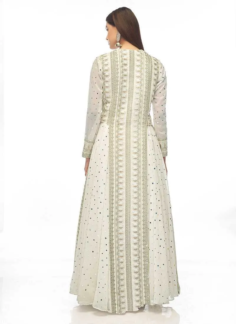 White and Gold Mirror Embroidered Indo Western Style Lehenga